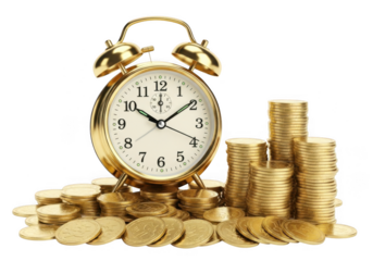 Golden alarm clock with a stack of gold coins, representing time is money, financial growth, and investment concept isolated on transparent background