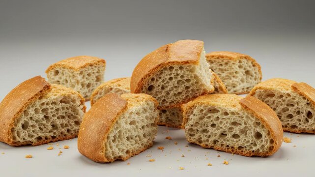 Freshly baked bread slices isolated on light background