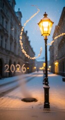 Winter street lamp with festive lights and the year 2026.