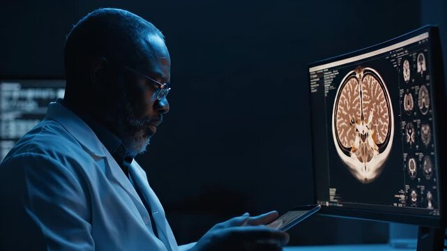 Doctor reviews brain mri scan monitor. Radiologist studies images for diagnosis. Medical technology displays anatomy. Healthcare professional examines results. Clinical team uses data for patient