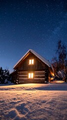 Cozy Cabin in Winter Wonderland - A Nighttime Scene.
