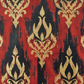 Distressed red and black background with ornate golden damask pattern for