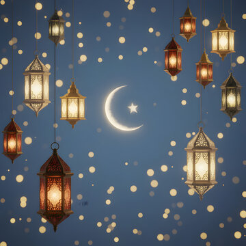 Eid al-Fitr lanterns and crescent moon festive background