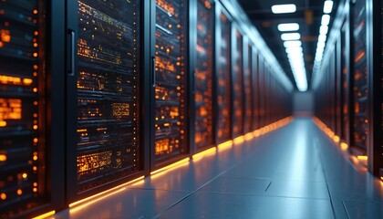 Modern data center interior view. Servers operate with lights. Advanced tech infrastructure provides computing power for global network. System ensures security, processing, data storage. Digital
