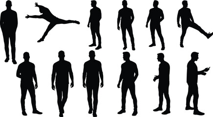 WebMale silhouette poses, walking, running, jumping, standing, handheld device, black illustration, posture study, motion design, minimal figure, gesture art © Hello World