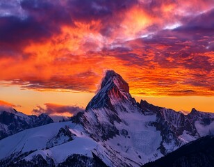 majestic mountain peak at sunrise with dramatic sky and vibrant colors