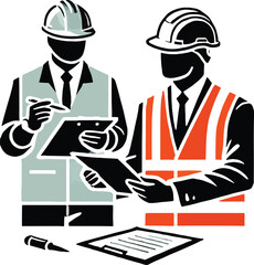 Two construction workers reviewing plans on clipboards