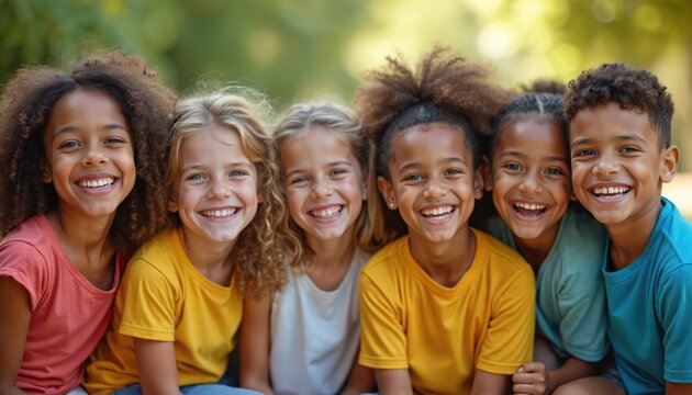 Diverse group of happy children smiling in bright casual attire outdoors in nature. Kids laugh together in sunlight creating joyful bond, innocence, pure fun. Childhood friendship, togetherness.