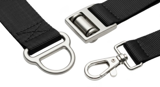 Closeup of metal hardware and black nylon strap with dring, buckle, and carabiner clip, isolated on transparent background