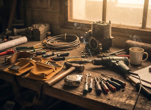 Workshop scene, tools scattered on a workbench, window in the background - Powered by Adobe