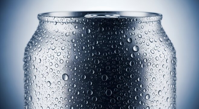 Closeup of silver soda can with water droplets on metal surface   - Powered by Adobe