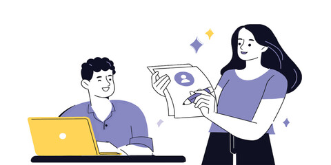 Professional Review of Documents with Employee and Laptop Vector Art