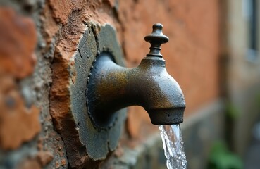 Old metal faucet on brick wall with running water stream. Outdoor tap drips clear liquid from spout. Rustic plumbing fixture attached to weathered stonework.