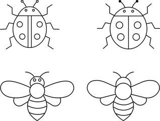 Simple Line Art Icon: Ladybugs and Bees Set