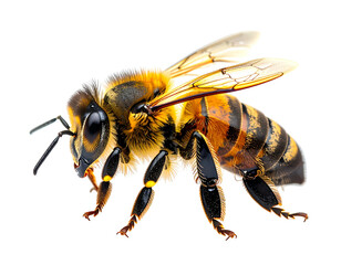 Detailed side view of a honey bee with segmented body and wings