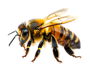 Detailed side view of a honey bee with segmented body and wings
