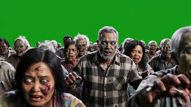 Raging Zombie Horde Charging on Green Screen Background - Scary Apocalypse Stock Footage