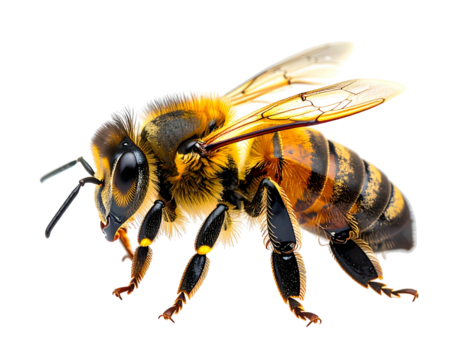 Detailed side view of a honey bee with segmented body and wings