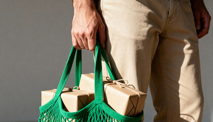 Man carrying gift packages in a green reusable shopping bag. Sustainable lifestyle and conscious consumerism concept