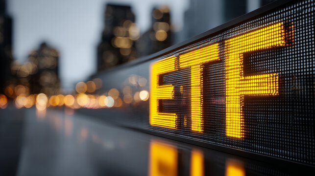 Bright yellow ETF letters glow on futuristic LED screen in urban setting, creating modern financial atmosphere