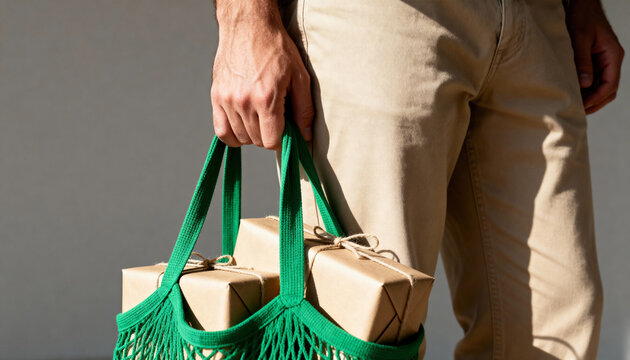 Man carrying gift packages in a green reusable shopping bag. Sustainable lifestyle and conscious consumerism concept