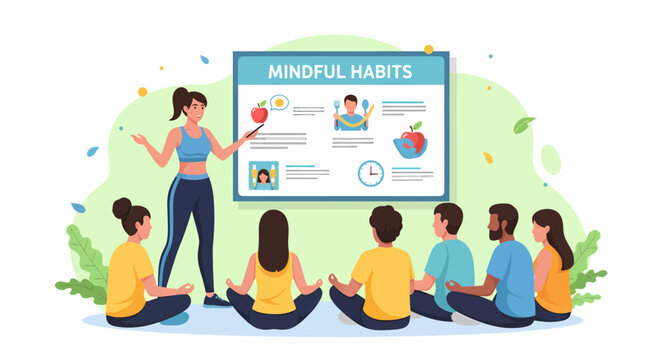 Instructor Leading Mindfulness Class With Healthy Habits Presentation