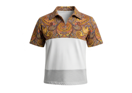 A shortsleeved polo shirt with a vibrant paisley pattern on the collar and chest, isolated on transparent background