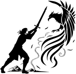 Silhouette of Warrior Facing Phoenix – Fantasy Battle Scene