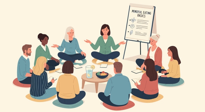 Mindful Eating Workshop With Group Sitting Cross Legged In Circle