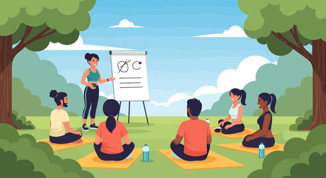 Outdoor Wellness Session Group Practice Relaxation Techniques In Nature