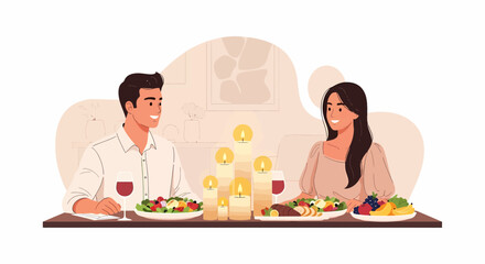 Romantic Dinner With Candles, Couple Celebrating Anniversary At Home