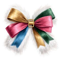 Colorful Christmas bow with gold buckle and fluffy white fur, festive holiday decoration ribbon element for winter crafts and seasonal design