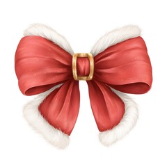Red Christmas bow with gold buckle and fluffy white fur trim, festive Santa-style holiday decoration element for winter crafts and design