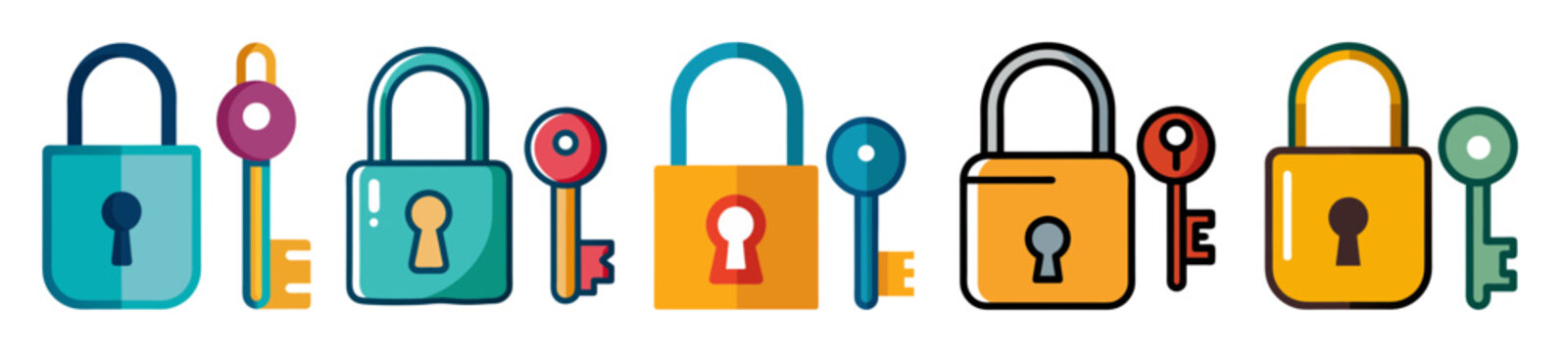 Colorful assorted locks and keys displayed side by side