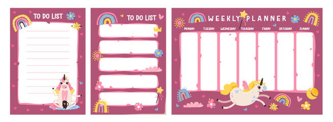 Cute Unicorn Themed Weekly Planner and To-Do Lists. Adorable set of colorful unicorn themed planner pages with rainbows, hearts, and magical elements for kids or fun organization lovers.