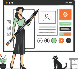 Woman with giant pencil at computer screen with cat