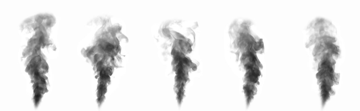 Vertical black smoke rising on white background, realistic dark vapor column texture for overlay design, pollution or fire smoke effect, abstract motion atmosphere for cinematic composition.