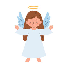 Christmas angel with open arms. Cute heavenly child with wings and halo in soft pastel tones. Calm scandinavian winter mood for modern festive cards and decor. Gentle minimal symbol of peace