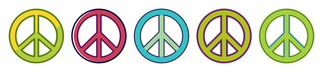 Row of five colorful peace signs vibrant and iconic