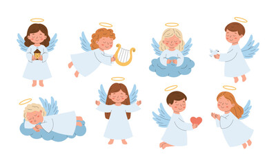 Cute christmas angels collection. Adorable heavenly characters with wings and halos in pastel scandinavian tones. Symbols of peace, love and joy for cozy festive cards, prints and decor.
