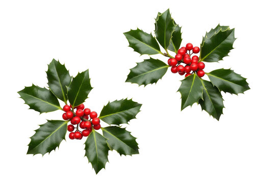Two sprigs of holly with red berries and green leaves isolated on transparent background - Powered by Adobe