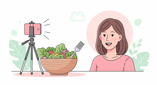 Woman Recording Salad Recipe For Online Food Channel Content