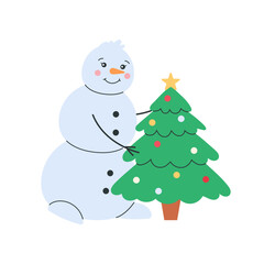 Cute winter snowman decorating a small christmas tree with colorful ornaments. Soft pastel style with friendly character, simple clean shapes and warm festive mood for holiday designs.