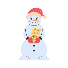 Cute winter snowman holding a wrapped christmas gift. Friendly pastel character in warm hat and mittens with soft clean shapes and joyful festive mood. Charming seasonal design for kids projects