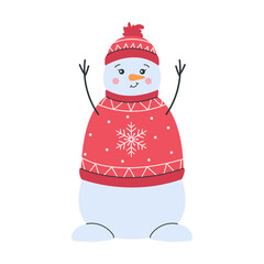 Cute winter snowman in a red knitted sweater with snowflake pattern. Cozy character with raised twig arms, warm beanie, pastel colors and friendly holiday mood suitable for Christmas 