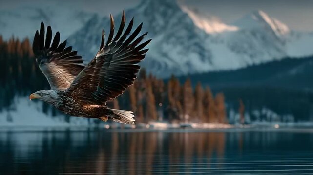 Majestic eagle soaring over serene snowy mountains