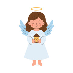 Little angel with a lantern. Peaceful Christmas and New Year holiday symbol. Cute spiritual character with wings and halo in pastel tones. Calm winter design for cards, prints and decor.