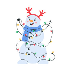 Playful winter snowman tangled in colorful christmas lights. Cheerful character in reindeer headband and warm scarf with bright festive mood and clean pastel shapes. 