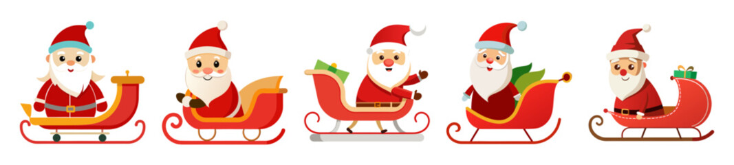 Simple art of santa claus in sleigh with gifts on white