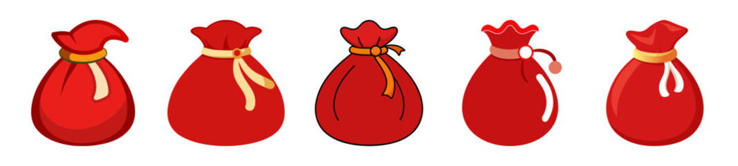 Five red santa claus gift bags isolated for holiday season